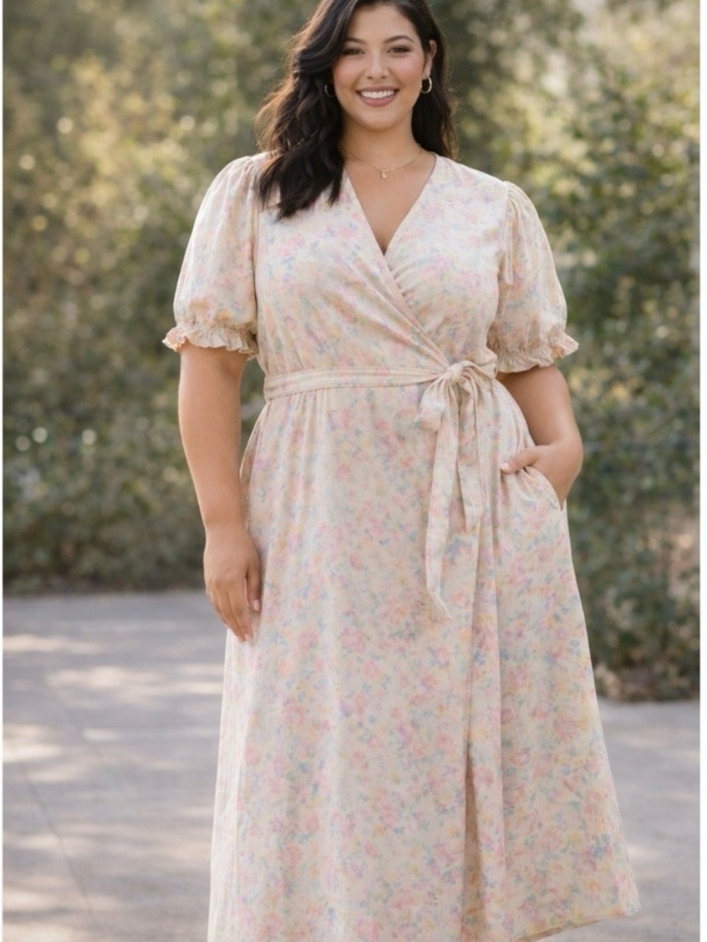 Universal Thread Floral Wrap Dress XL Cream Pink Blue Puff Sleeve Midi NWT